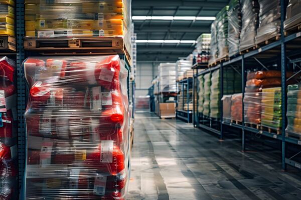 Scaffali di magazzino cash&carry. Distribuzione prodotti confezionati su pallet. Report annuale settore distribuzione.