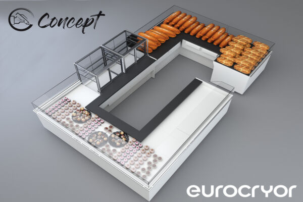 Espositore pasticceria Eurocryor in Marocco. Design innovativo per pane, dolci e pasticcini. Arredamento negozio.