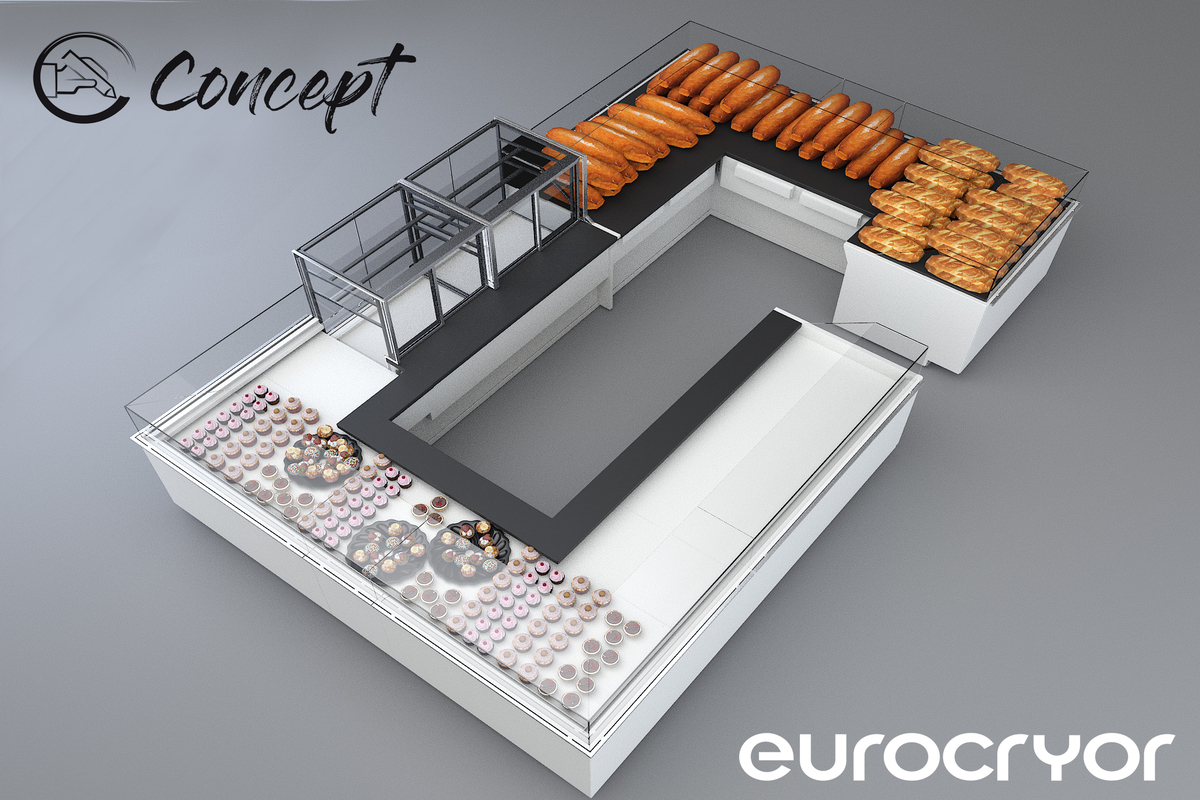Espositore pasticceria Eurocryor in Marocco. Design innovativo per pane, dolci e pasticcini. Arredamento negozio.