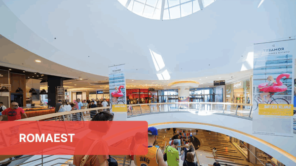 Area ristorazione ROMAEST. Interni del centro commerciale con persone e insegne. Food court nella top 30.