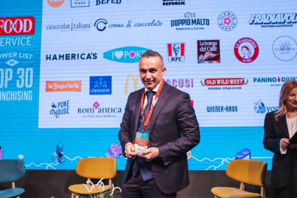 Top 30 Franchising: uomo in giacca e loghi di ristoranti come KFC, Romantica e Old Wild West.