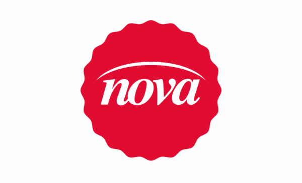 Logo Nova Funghi: salsa vegetale melanzane e zucchine. Marchio rosso e bianco.