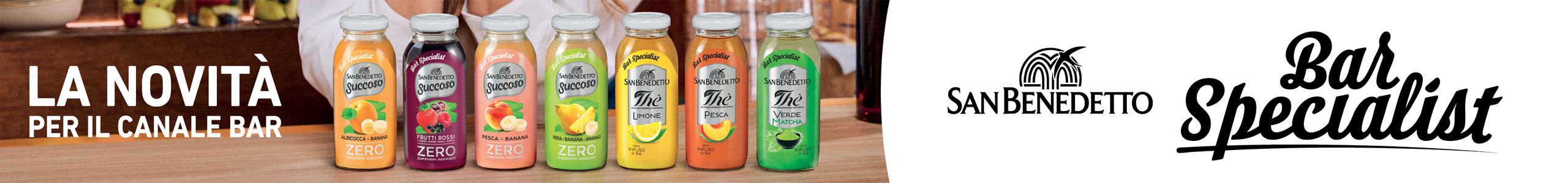 Bevande San Benedetto per il canale Bar. Succhi di frutta e tè freddo in bottiglia. Novità 2026.
