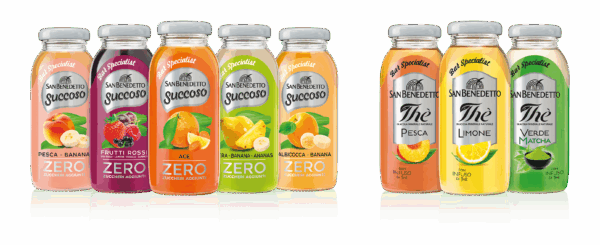 Linea Bar Specialist San Benedetto: succhi di frutta e tè in bottiglia, gusti assortiti. Zero zuccheri aggiunti.