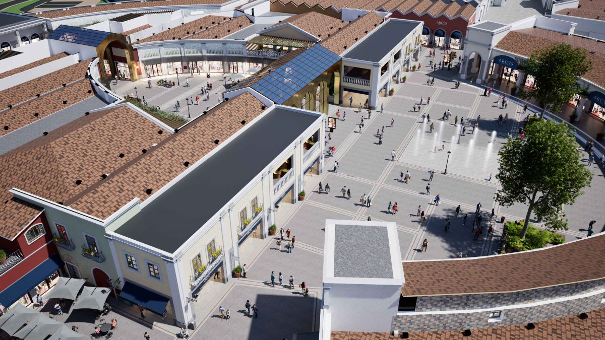Esterno del Roma Outlet Village: architettura, negozi, persone. Shopping a Roma.