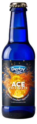 Bottiglia blu Derby Blue ACE Frizzante 200ml. Bevanda ACE senza zuccheri aggiunti.
