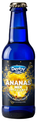 Derby Blue Frutta Frizzante Ananas, bottiglia blu da 200ml. Bevanda analcolica senza zuccheri aggiunti.