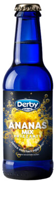 Bottiglia blu di Derby Blue Frutta Frizzante Ananas 200ml, bevanda analcolica senza zuccheri aggiunti.