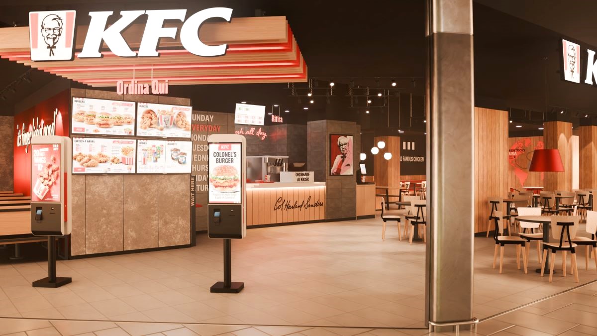 Interno del ristorante KFC a Sesto San Giovanni, Lombardia. Pollo fritto e burger.