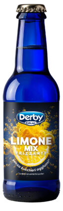 Bottiglia blu di Derby Blue Limone Frizzante 200ml. Bevanda rinfrescante al limone, senza zuccheri aggiunti.