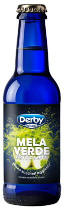 Bottiglia blu di Derby Blue Frutta Frizzante Mela Verde 200ml, bevanda senza zuccheri aggiunti.