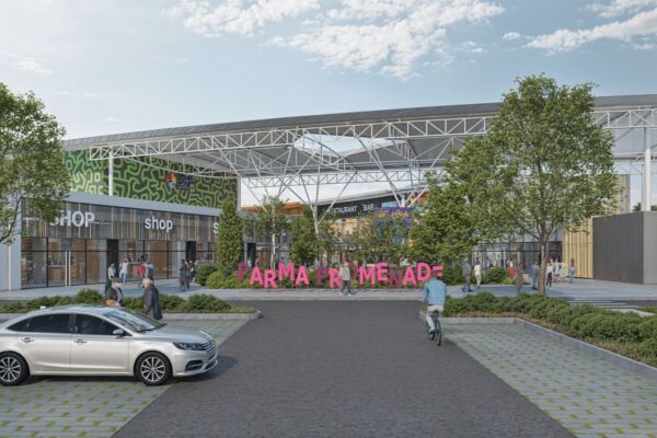 Parma Promenade: rendering del nuovo centro commerciale. Negozi, ristoranti e parcheggio.
