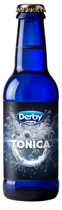 Bottiglia blu di Derby Blue Tonica Frizzante, bevanda dissetante e rinfrescante.