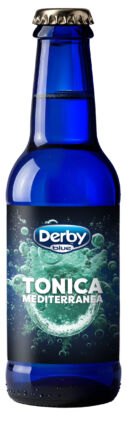 Bottiglia blu di tonica Derby Blue Frizzante Mediterranea 200ml. Bevanda rinfrescante.