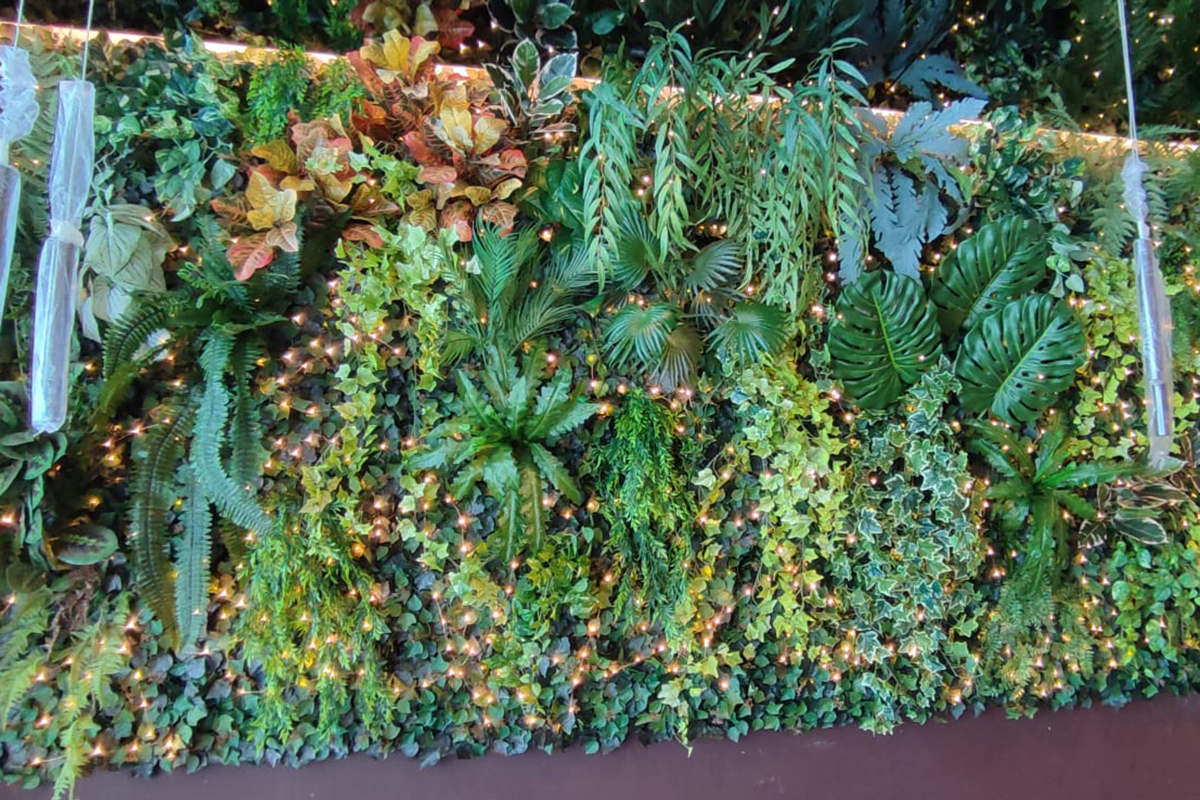 Design ristorante green: parete verticale con piante e luci, atmosfera naturale e accogliente.