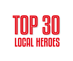 Logo ufficiale Top 30 Local Heroes con testo rosso su sfondo bianco per la classifica 2026.