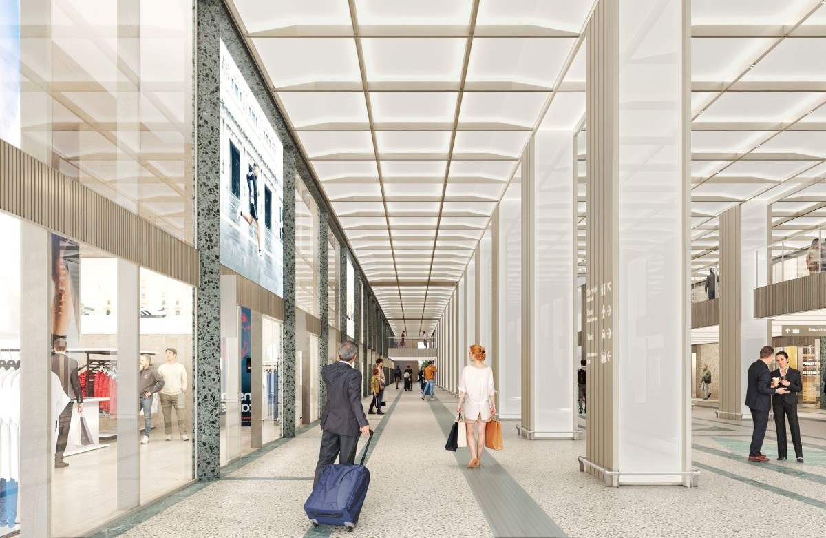 Rendering del progetto di riqualificazione della galleria commerciale presso la Stazione di Milano Centrale.