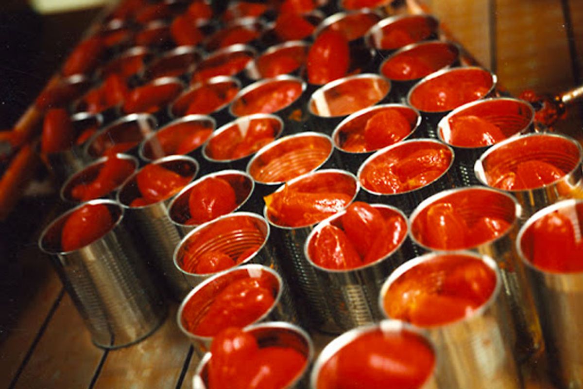 Produzione industriale di pelati in scatola nello stabilimento La Doria dopo l'acquisizione del Gruppo Solana.