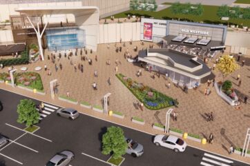 Rendering del progetto di estensione del Centro Commerciale Le Gru a Grugliasco con area pedonale e negozi.