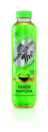 Bottiglia di Thè San Benedetto Verde Matcha con infuso di tè, gusto naturale in acqua minerale, formato da mezzo litro.