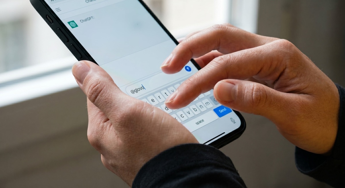 Mani che digitano Glovo su smartphone utilizzando l'interfaccia di ChatGPT per il nuovo quick-commerce basato su IA.