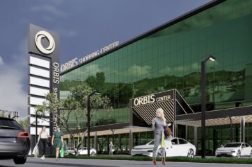 Rendering architettonico dell'Orbis Center a Tirana, nuovo polo commerciale in partnership con NHOOD e Usliga.