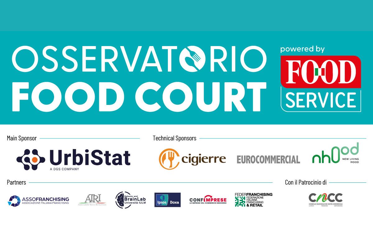 Logo Osservatorio Food Court IV edizione con elenco sponsor e partner tecnici dell'evento di analisi del settore.
