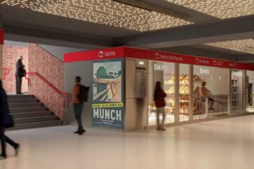 Progetto di riqualificazione commerciale nella metropolitana di Milano con negozi, bakery e cartelloni pubblicitari.