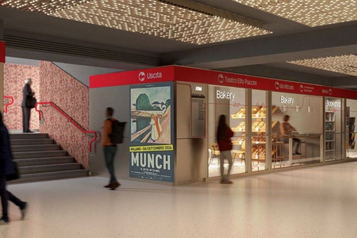 Progetto di riqualificazione commerciale nella metropolitana di Milano con negozi, bakery e cartelloni pubblicitari.