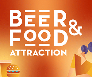 Banner promozionale Beer&Food Attraction di Italian Exhibition Group con grafica stilizzata di burger e birra.