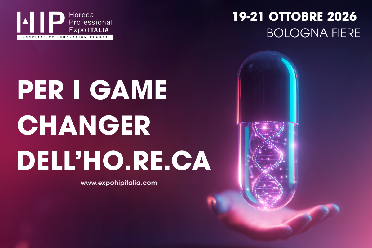 HIP 2026 a Bologna Fiere: mano con capsula futuristica per i game changer del settore Ho.Re.Ca.