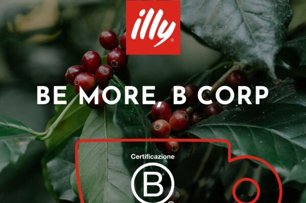 Pianta di caffè con ciliegie rosse e logo illy: certificazione B Corp™ secondo i nuovi standard V2