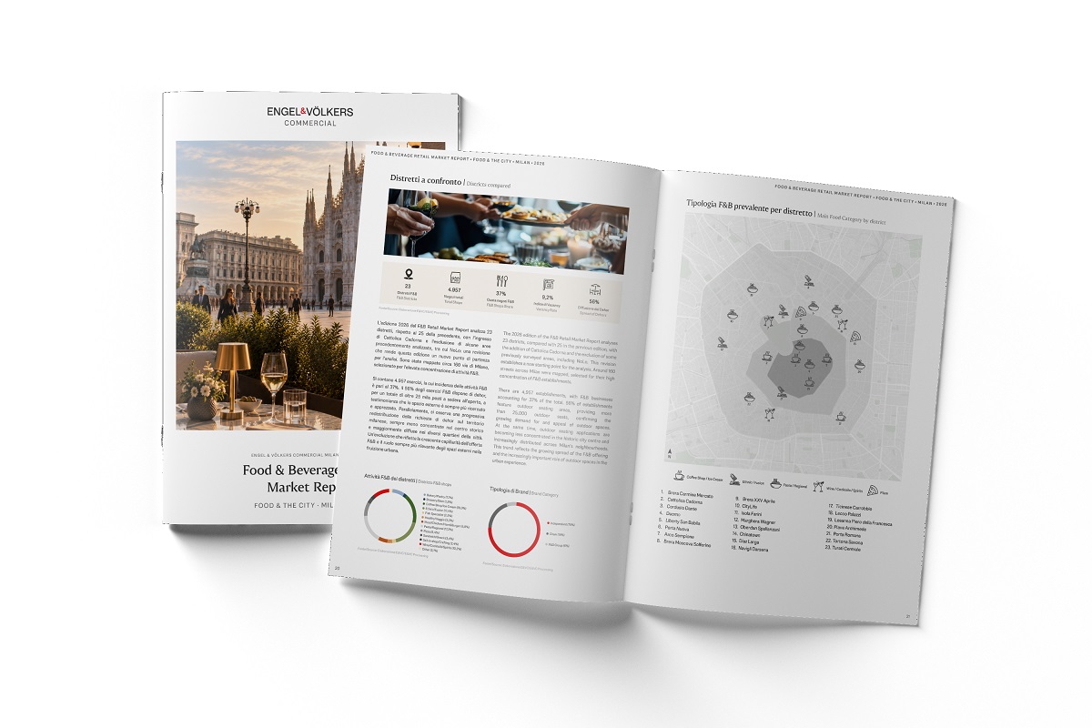 Brochure Food & the City Milan 2026 di Engel & Völkers Commercial e UBRI con mappa e dati di mercato.