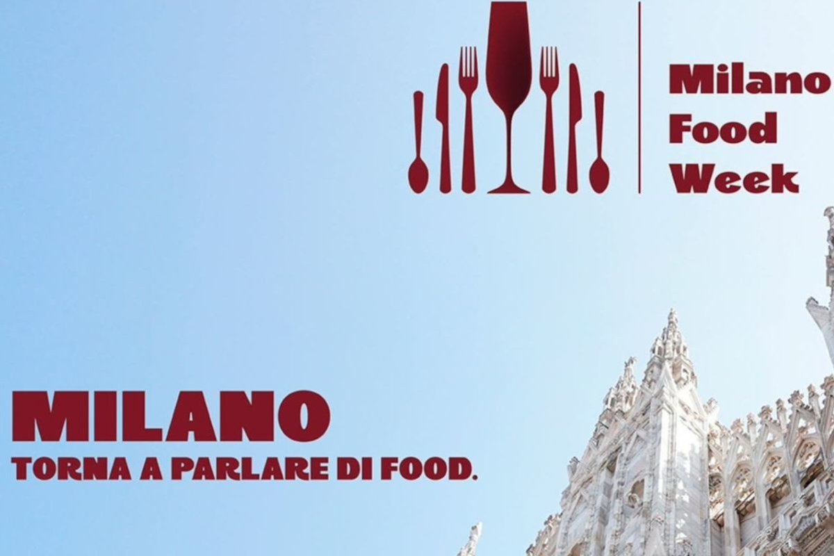 Milano Food Week: logo con posate e calice, Duomo e testo su consumi e Industria di Marca.