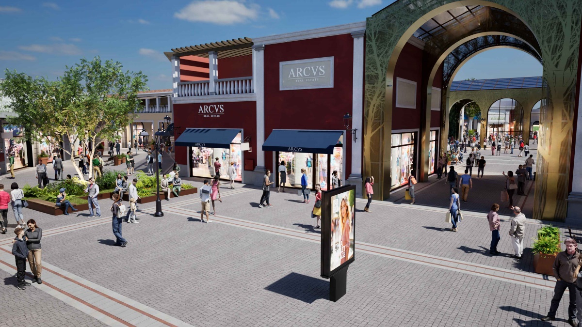 Rendering del Roma Outlet Village: piazza con negozi e arco monumentale, apertura 6 novembre.