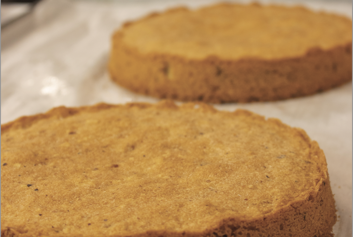 Base per torta di nocciole fatta in casa, pronta per essere farcita.