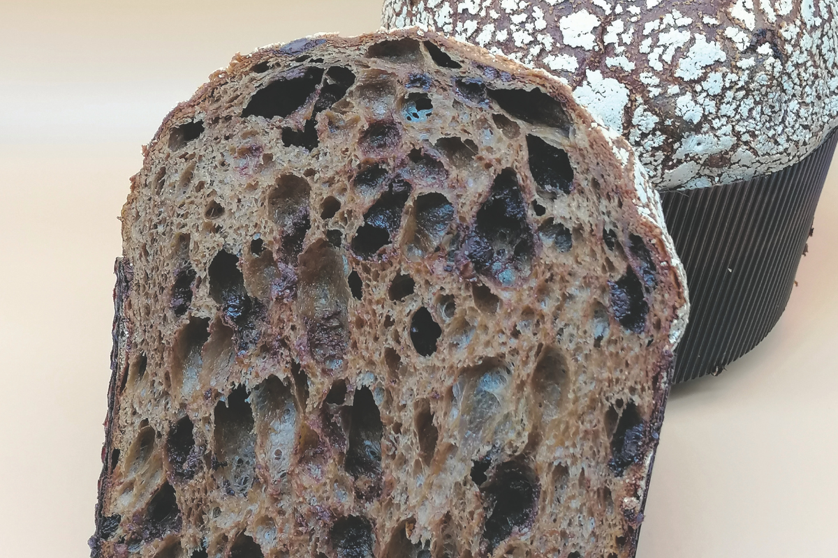 Fetta di panettone al cioccolato artigianale, soffice e goloso.