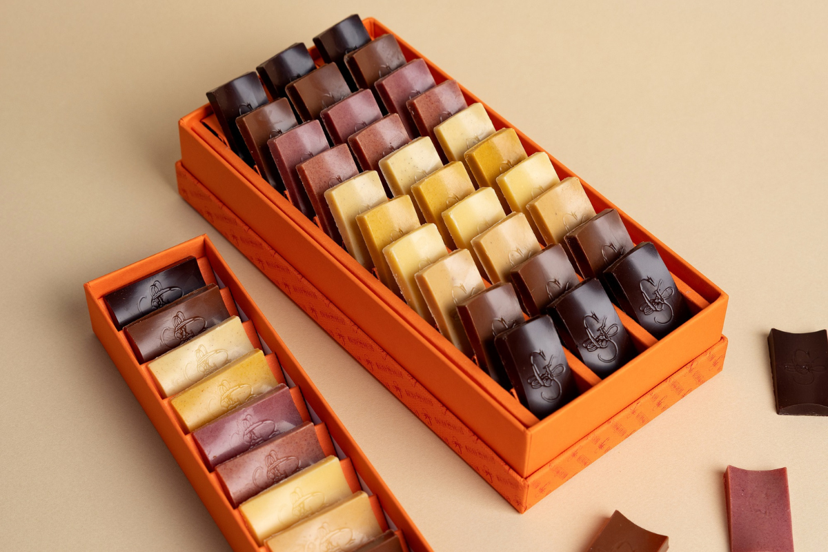 Cioccolatini Guido Gobino in confezione design. Assortimento di cioccolato artigianale.