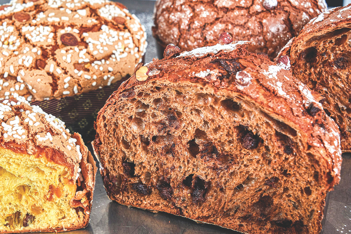 Panettone artigianale al caffè con cioccolato al latte Miranda cotto. Dettaglio fetta.