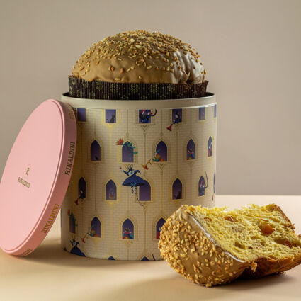 Panettone artigianale Rinaldini Natale 2025. Lievitato in confezione regalo illustrata. Creazione d'autore.
