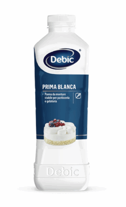 Bottiglia di panna Debic Prima Blanca. Panna da montare per pasticceria e gelateria.
