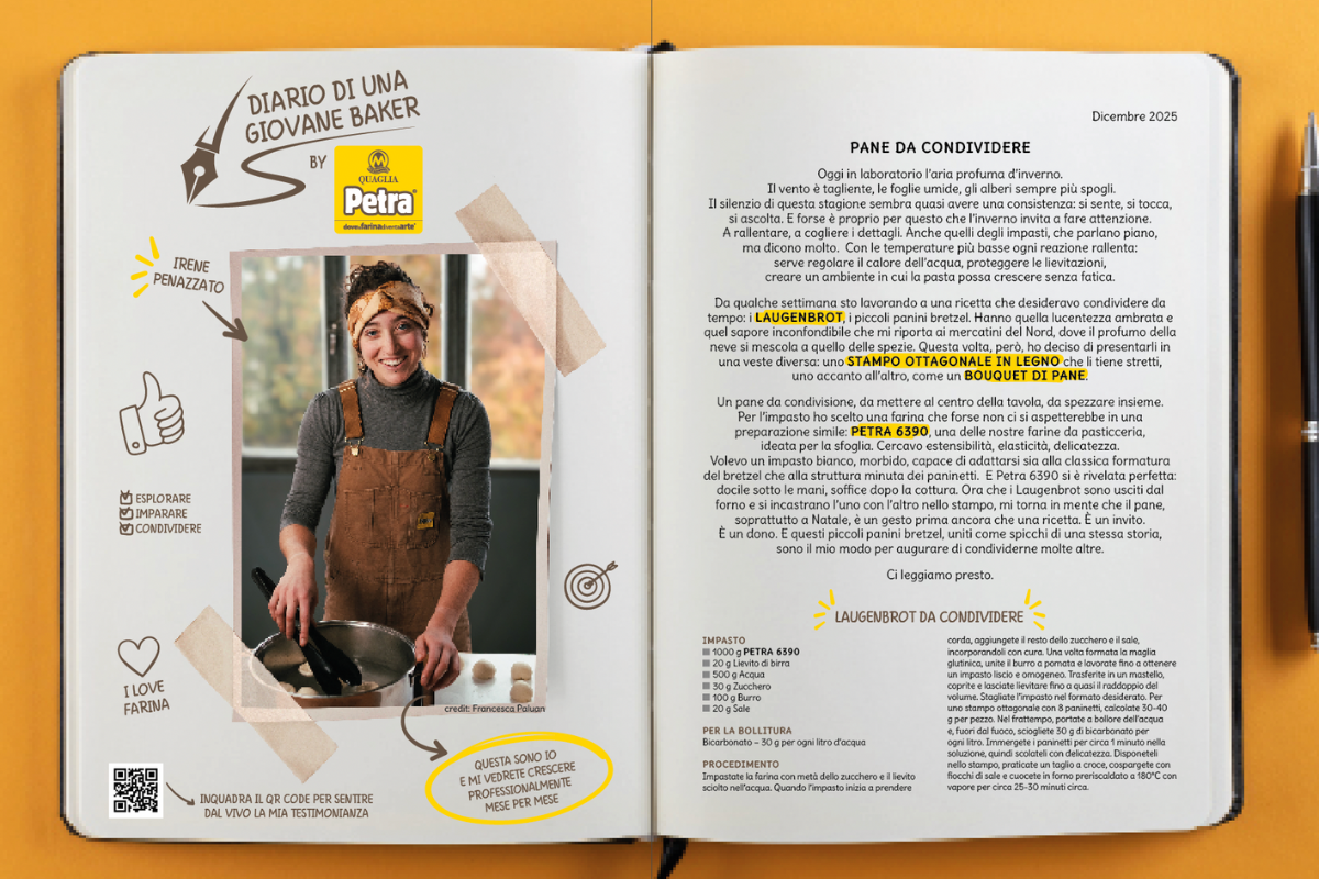 Diario di una giovane baker: ricetta pane Laugenbrot. Donna sorridente prepara impasto con farina Petra. Pane da condividere.