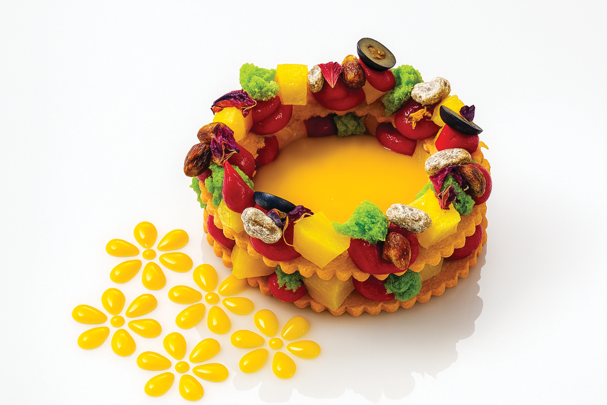 Colori Veg: Crostata vegana con frutta fresca e fiori di zucchero. Dolce colorato e creativo.