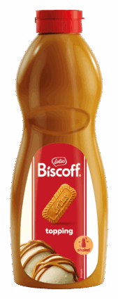 Bottiglia di topping Biscoff 1kg. Salsa caramellata Lotus Biscoff per dessert e gelati.