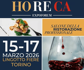 Banner GL Events Horeca Expoforum, Torino, 15-17 Marzo 2026. Salone della ristorazione professionale. Cibo e vino.