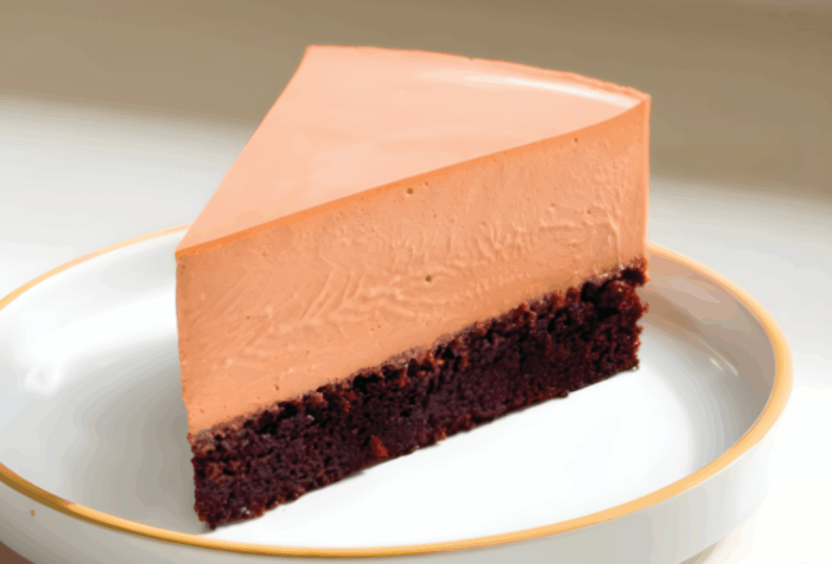 Fetta di torta mousse al cioccolato al latte su piatto bianco. Dolce goloso.