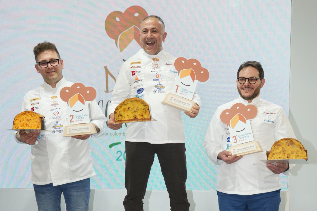 Podio Divina Colomba Salata 2026: Tosi, Masulli e Chiumento vincono. Maestri pasticceri con colomba artigianale.