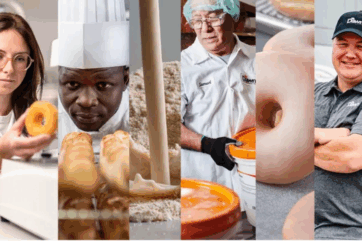 Puratos acquisisce Dawn Foods: Immagine composita di panettieri e prodotti da forno (ciambelle, pane).