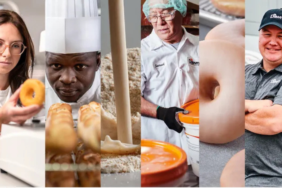 Puratos acquisisce Dawn Foods: Immagine composita di panettieri e prodotti da forno (ciambelle, pane).