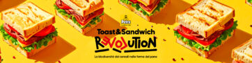 Toast & Sandwich Revolution: toast farciti con formaggio, pomodoro, lattuga e carne su sfondo giallo.